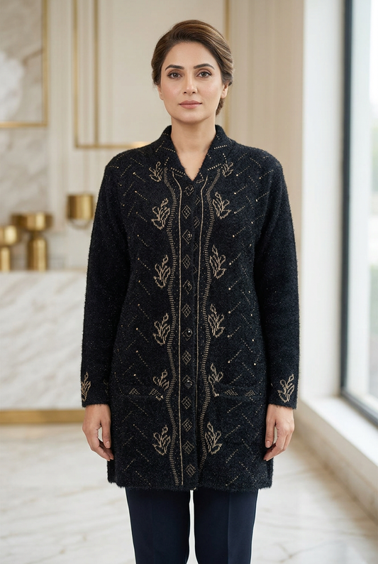 Woman wearing WSW123 black full-sleeve button-front sweater with gold-tone leaf motifs and diagonal dotted detailing