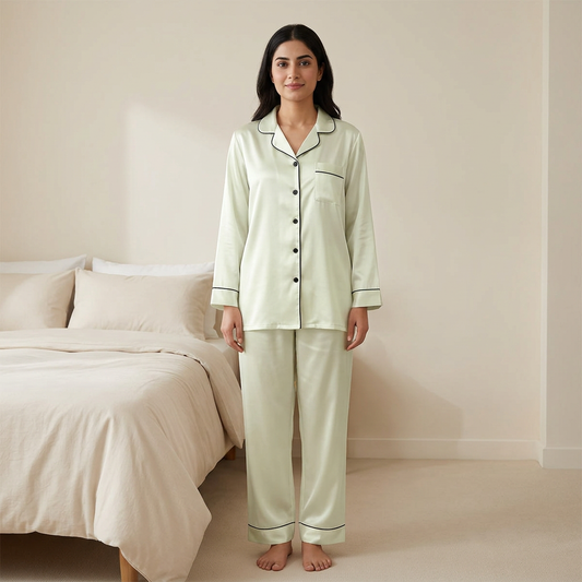 Adult woman wearing WNS64 pale cream-green button-front night suit with black piping and matching trousers