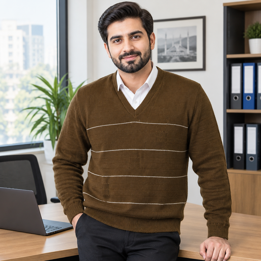 Pakistani corporate man wearing Brown V-Neck Full Sleeves Sweater For Men MSW79
