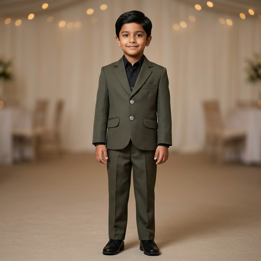 Boy wearing BCP33 olive green two-piece coat and trouser suit against a softly blurred background; shirt and shoes styled separately