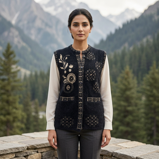 Adult Pakistani woman wearing the charcoal WSW99 sleeveless sweater fully buttoned over an ivory blouse on a mountain terrace.