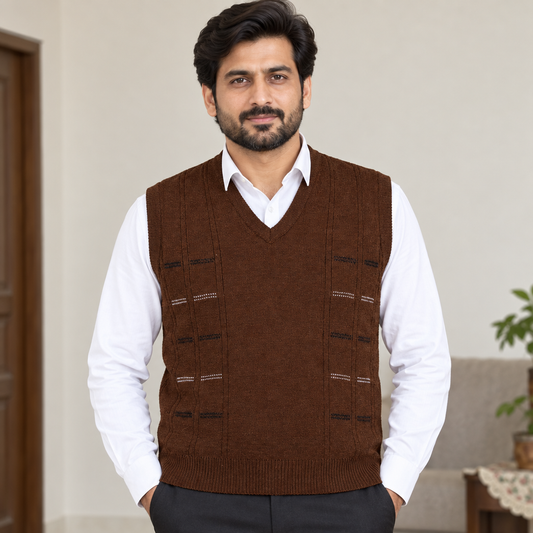 Pakistani man wearing rust brown sleeveless V-neck sweater MSW87 over a white shirt