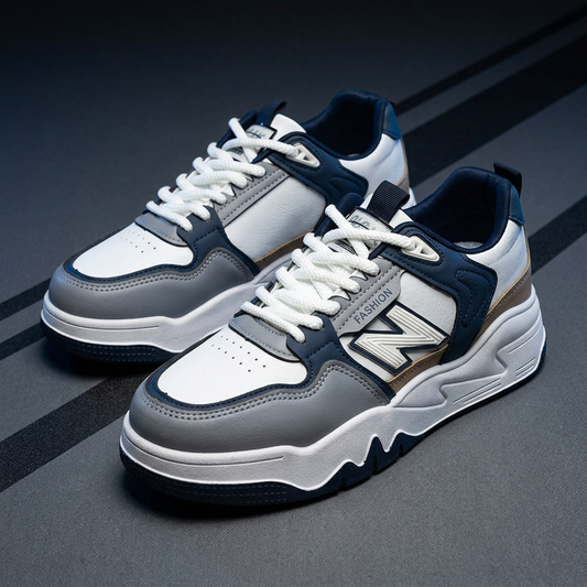 MJS242 men's navy, grey and white casual sneakers with tan accents and chunky sculpted white soles