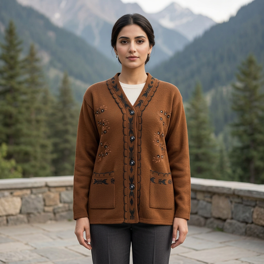 Adult Pakistani woman wearing the brown WSW100 full-sleeve cardigan fully buttoned on a mountain lodge terrace.