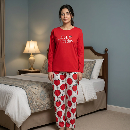 Adult Pakistani woman wearing the HT Red WNS74 night suit with panda-balloon trousers in a relaxed bedtime setting.
