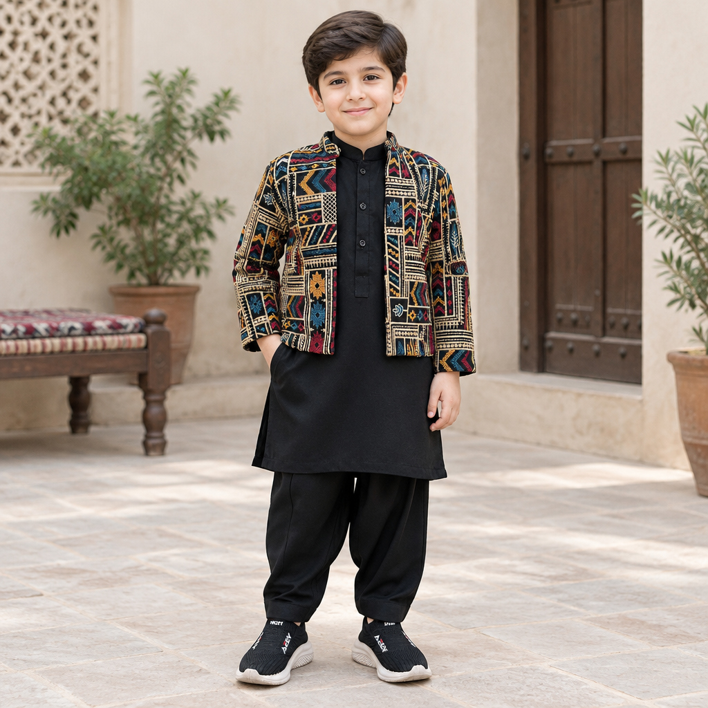 Pakistani boy wearing BKS226 black shalwar kameez with heritage embroidered prince coat