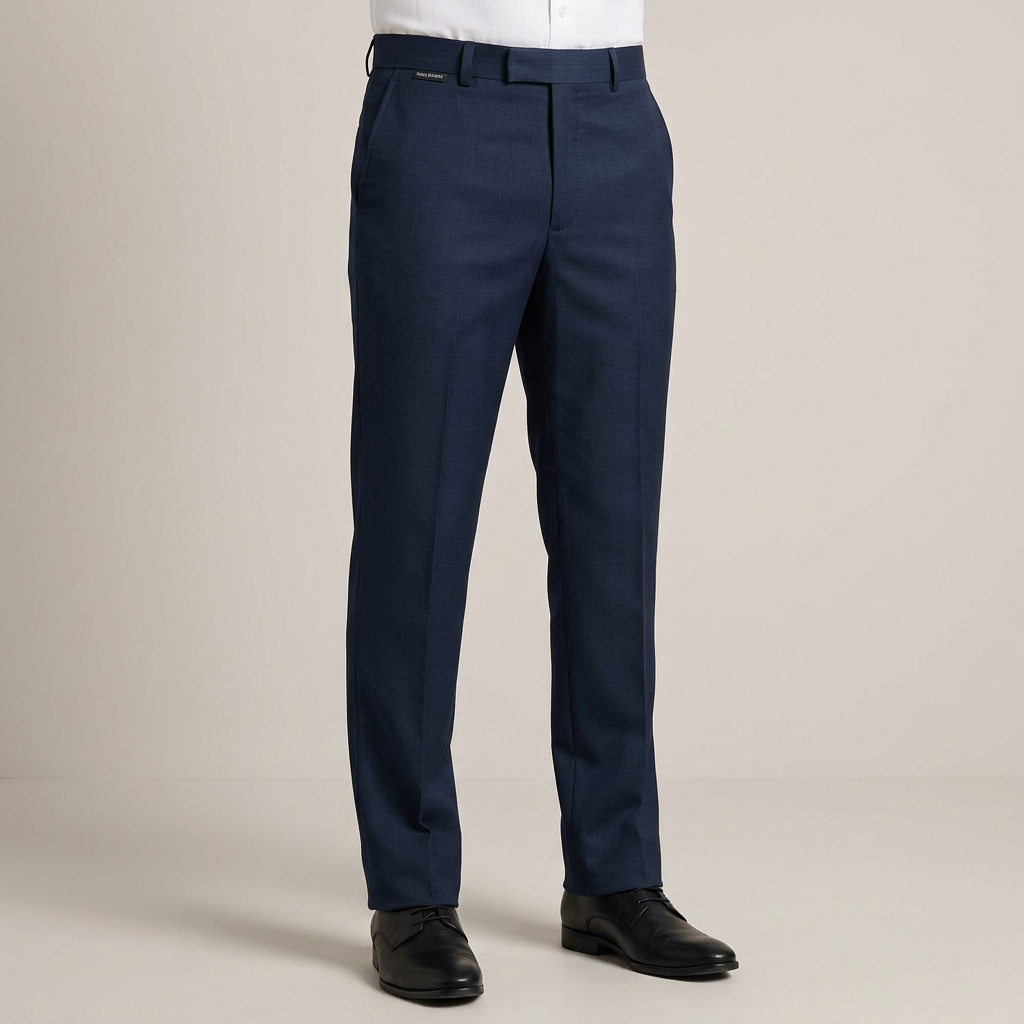 MFP107 navy blue formal dress trousers on a male model, close waistband-to-hem view against a minimal neutral background