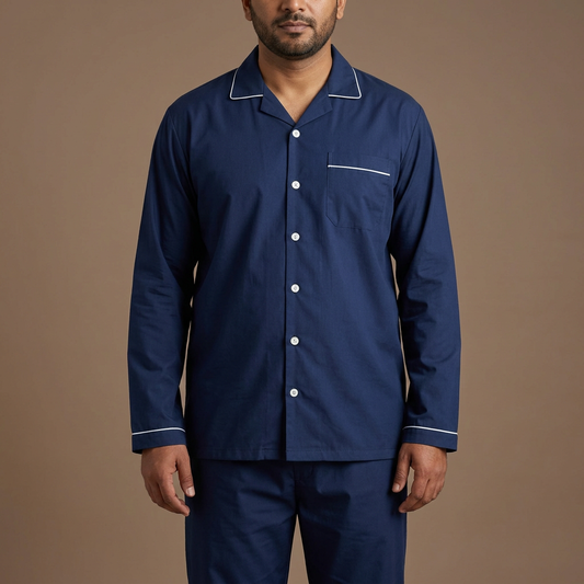 Close product view of MNS22 navy blue night suit with white piping on a Pakistani male model with a fuller build