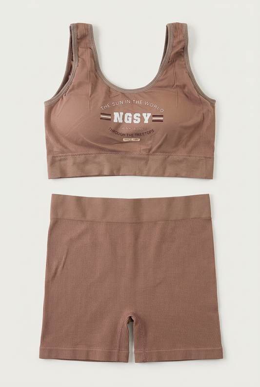 LB104 dusty mocha ribbed sports bra with NGSY print and matching boyshorts, product-only flat lay.