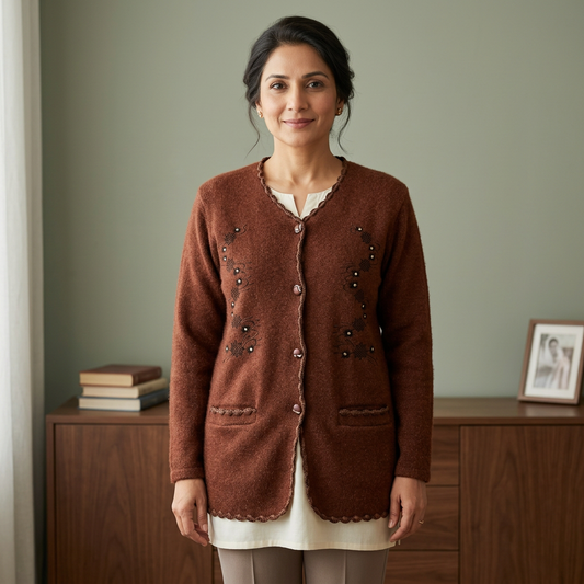 Adult Pakistani woman wearing the brown embroidered full-sleeve cardigan WSW73 in a refined home setting.