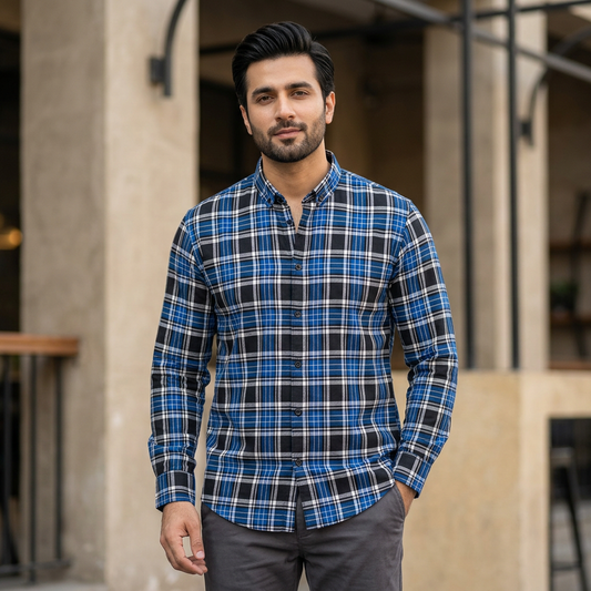Male model wearing MCS158 blue, black and white checked casual shirt with long sleeves