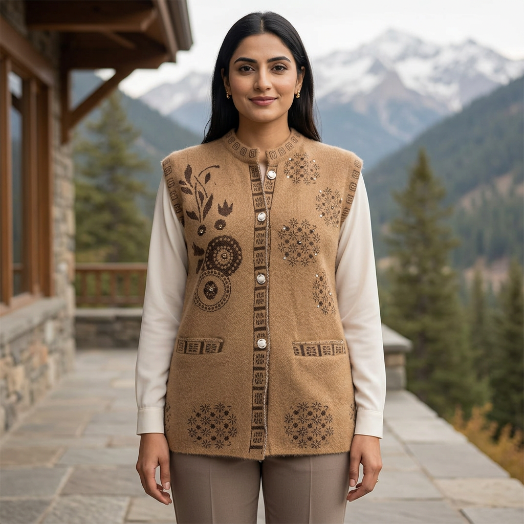 Pakistani woman wearing the brown floral sleeveless WSW97 sweater over an ivory blouse on an elegant mountain terrace.