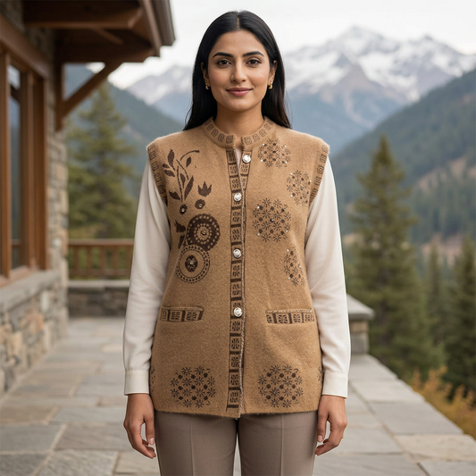 Pakistani woman wearing the brown floral sleeveless WSW97 sweater over an ivory blouse on an elegant mountain terrace.
