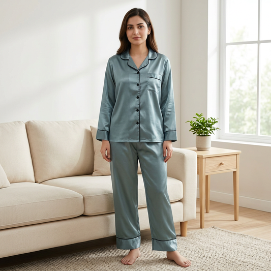 Adult woman wearing WNS41 muted cyan blue plain night suit with dark piping and matching trousers in a living room