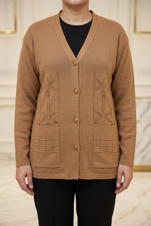 Woman wearing WSW111 camel-brown full-sleeve V-neck sweater with beaded motifs, button front and two patch pockets