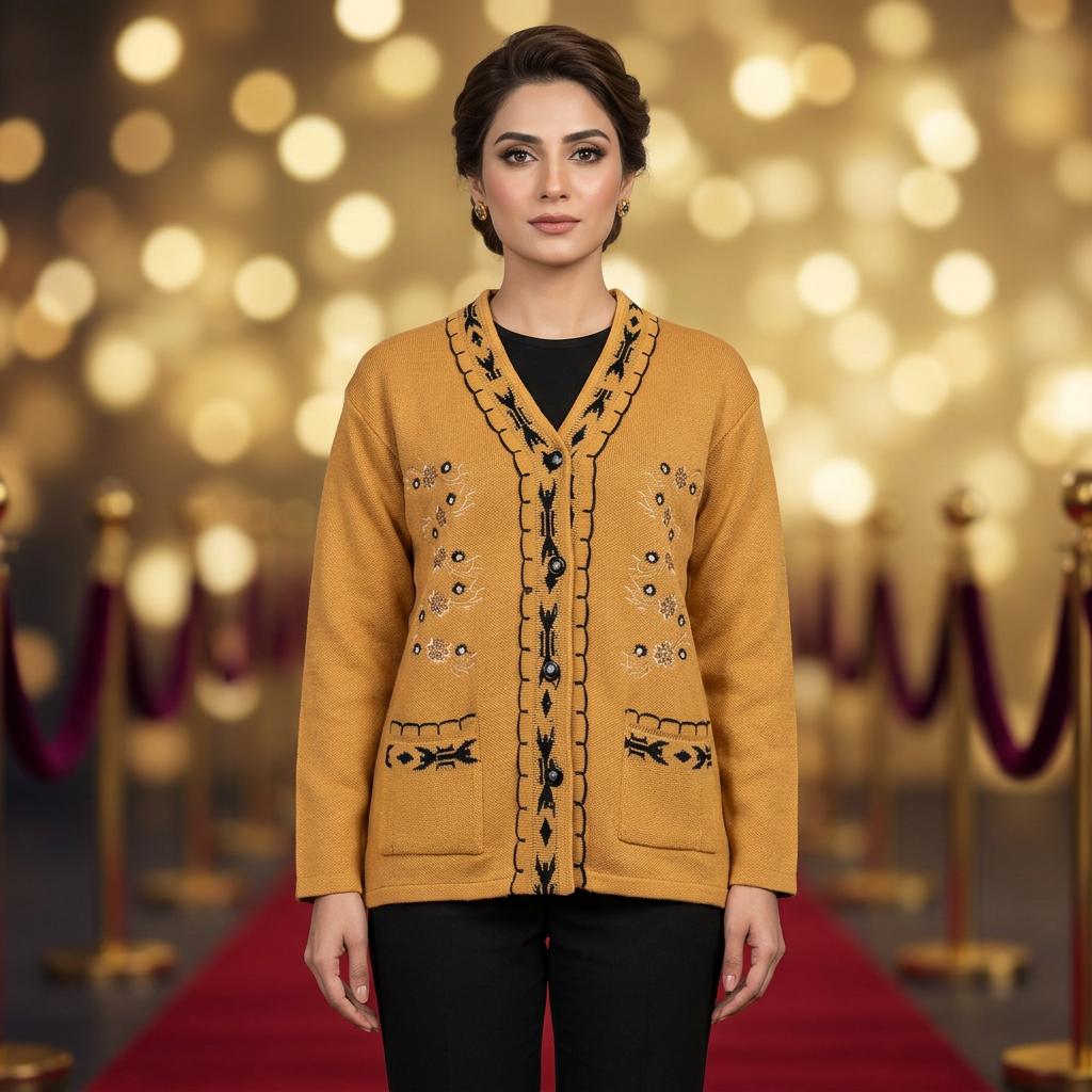 Adult Pakistani woman wearing the mustard-yellow WSW103 full-sleeve cardigan fully buttoned in an elegant red-carpet awards-night setting.