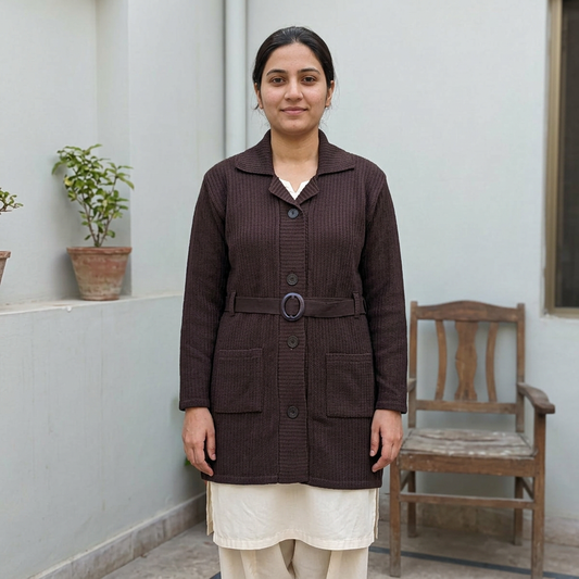 Adult Pakistani woman wearing the dark brown full-sleeve long belted sweater WSW05 in a home courtyard.
