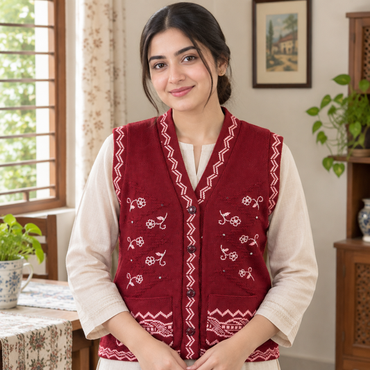 Young Pakistani woman wearing Red Sleeveless Sweater For Women WSW125