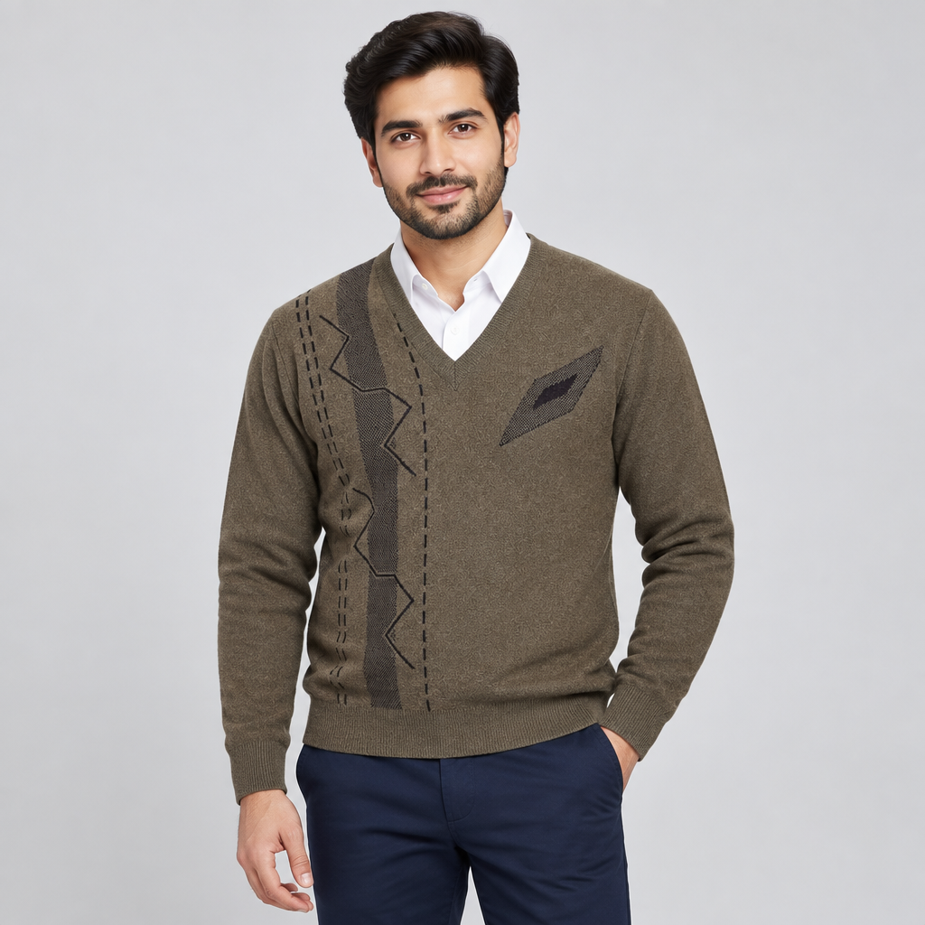 Pakistani man wearing Brown V-Neck Full Sleeves Sweater MSW75