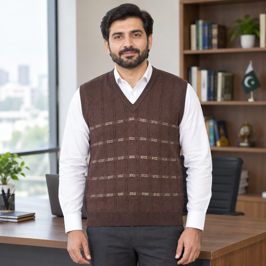 Pakistani man wearing brown sleeveless V-neck sweater MSW82 over a white shirt in an office
