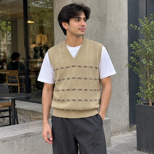 Young adult Pakistani man wearing light fawn sleeveless sweater MSW80 over a white T-shirt in a casual urban setting