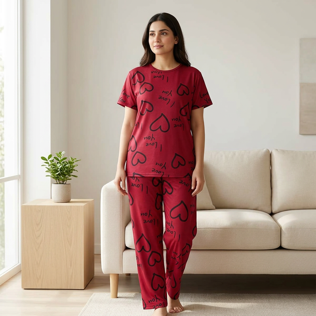 Adult woman wearing WNS56 dark red jersey heart-print top and matching trousers in a living room