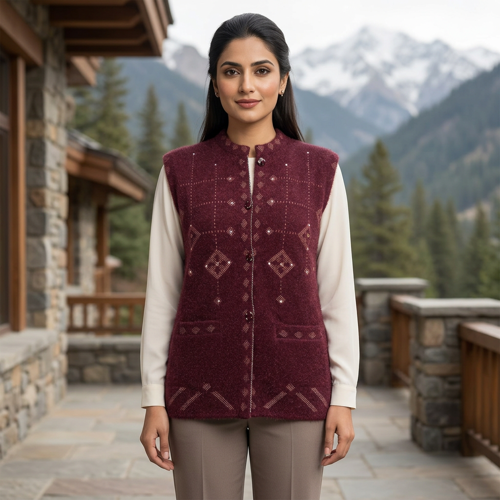 Pakistani woman wearing the maroon sleeveless WSW90 sweater over an ivory blouse on an elegant mountain terrace.