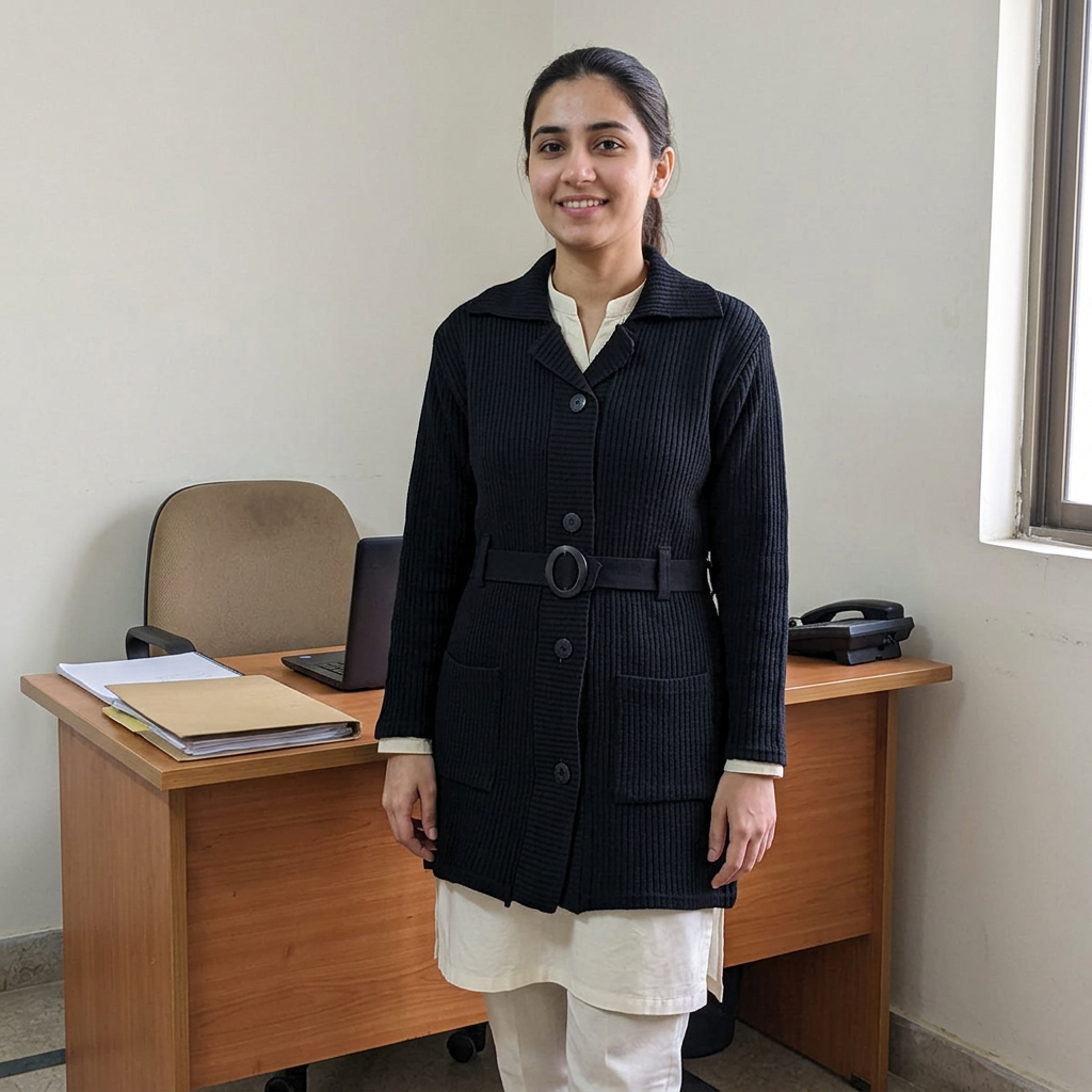 Adult Pakistani woman wearing the black full-sleeve long belted sweater WSW04 in an everyday office setting.