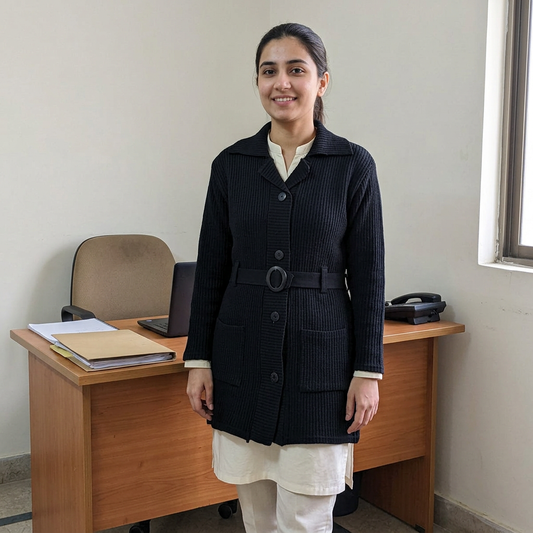 Adult Pakistani woman wearing the black full-sleeve long belted sweater WSW04 in an everyday office setting.