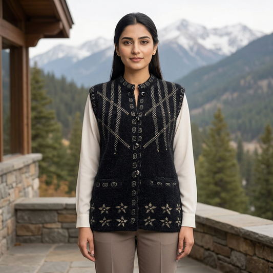 Pakistani woman wearing the black patterned sleeveless WSW92 sweater over an ivory blouse on a mountain terrace.