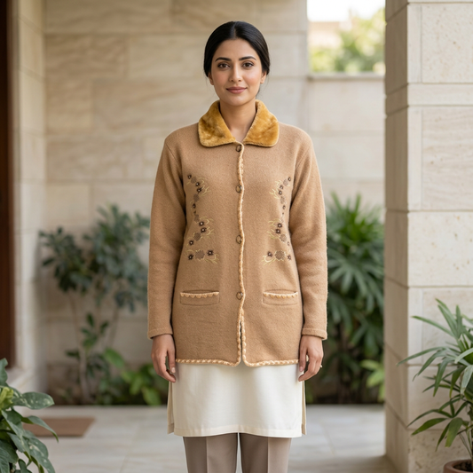 Adult Pakistani woman wearing the ash-brown embroidered full-sleeve sweater WSW69 in an elegant garden veranda.