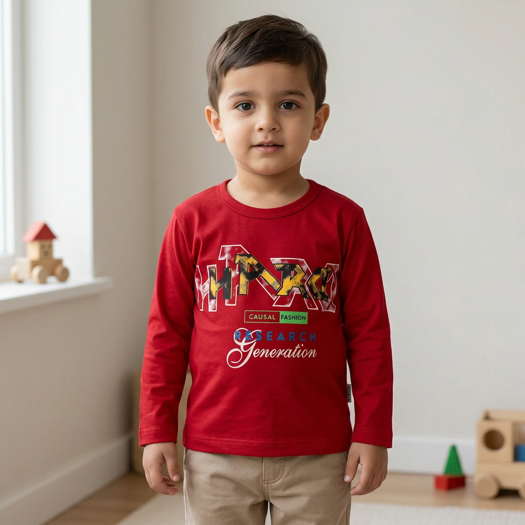 Toddler wearing boys' red full-sleeve graphic T-shirt BTS170