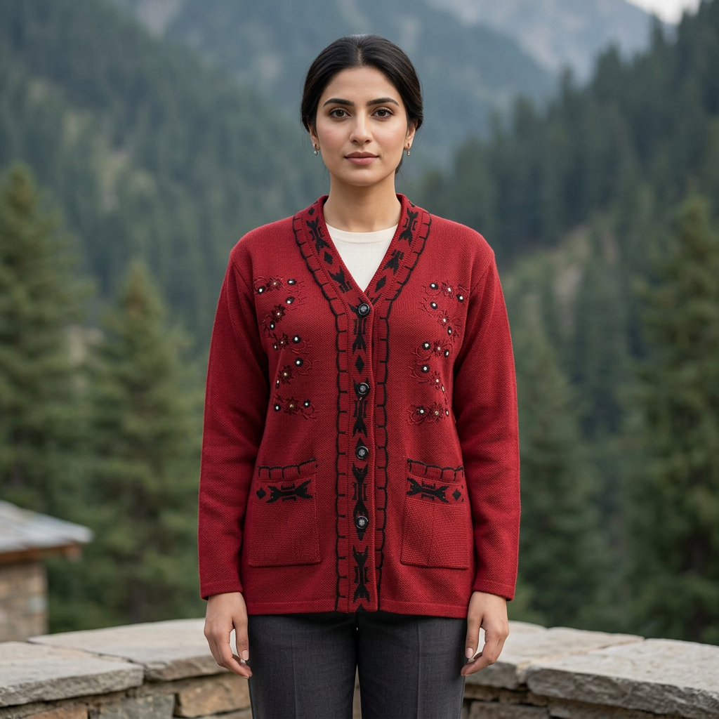Adult Pakistani woman wearing the red WSW101 full-sleeve cardigan fully buttoned on a mountain lodge terrace.