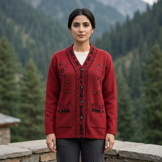 Adult Pakistani woman wearing the red WSW101 full-sleeve cardigan fully buttoned on a mountain lodge terrace.
