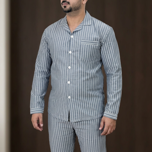 Close product view of MNS25 grey striped night suit on a Pakistani male model with a fuller build