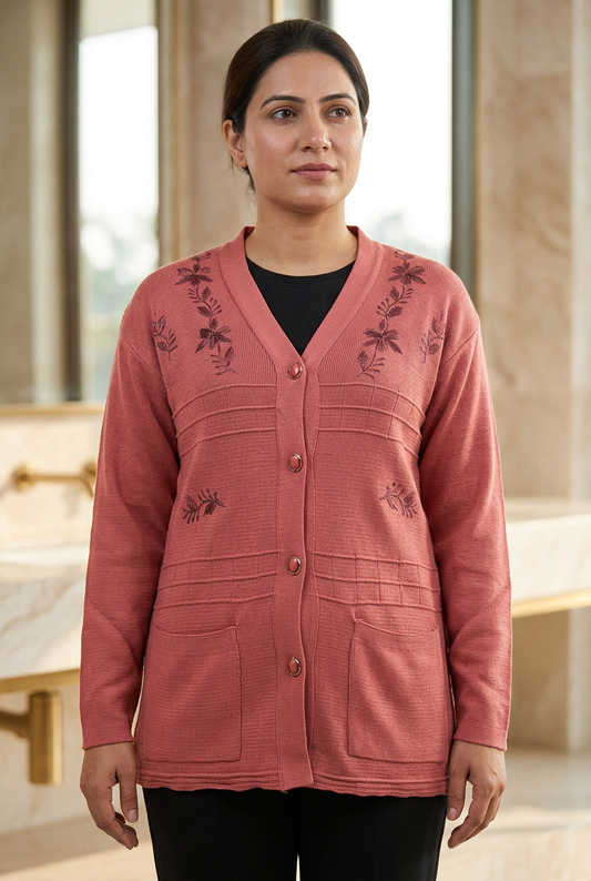 Woman wearing WSW105 dusty-pink full-sleeve V-neck sweater with floral embroidery, button front and two patch pockets