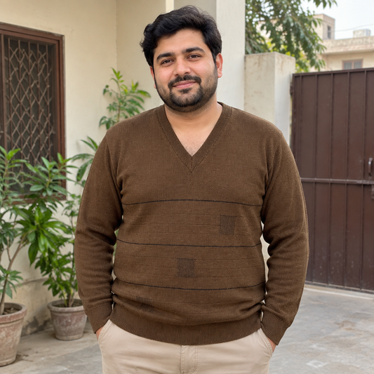 Man wearing Light Brown V-Neck Full Sleeves Sweater for Men MSW77