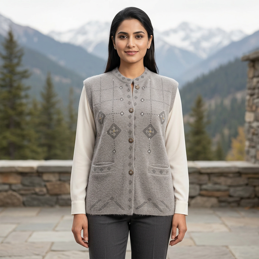 Pakistani woman wearing the light-grey sleeveless WSW91 sweater over an ivory blouse on an elegant mountain terrace.