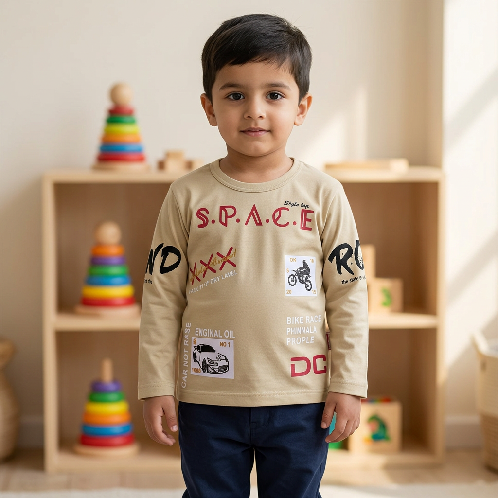 Toddler wearing boys' beige full-sleeve Space T-shirt BTS166 with car and motorbike graphics