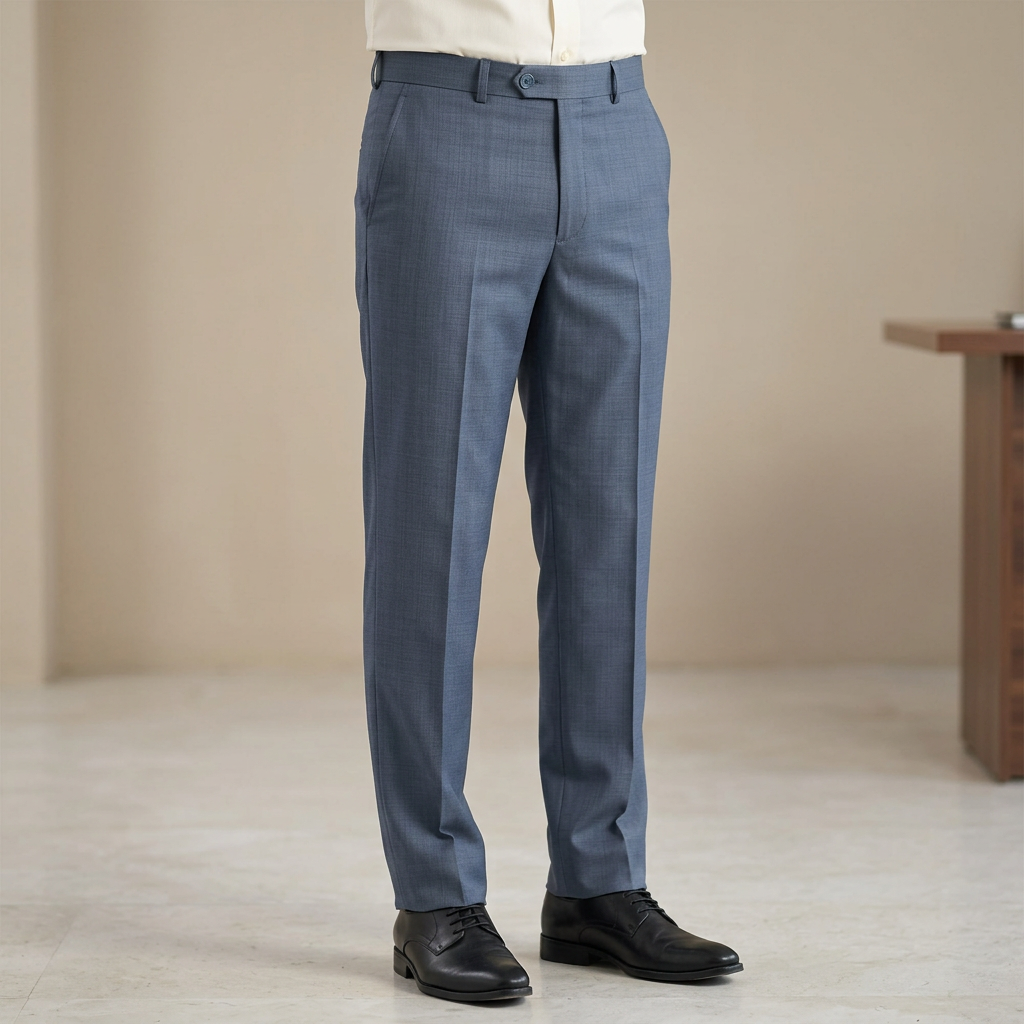 MFP106 steel blue formal dress trousers on a male model, waist-to-shoes view in an understated office setting