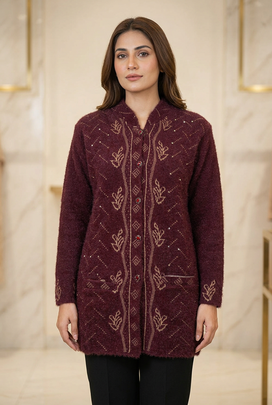 Woman wearing WSW122 wine-maroon full-sleeve sweater with gold-tone leafy motifs, red decorative buttons and two front pockets