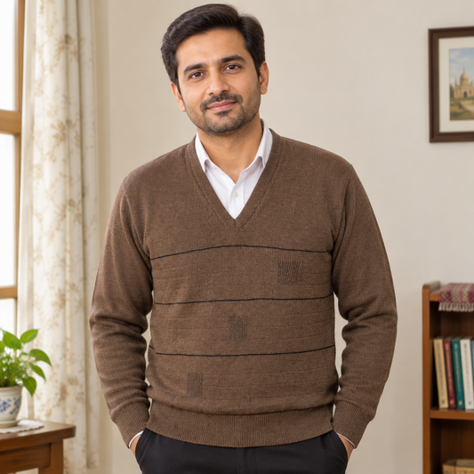 Middle-class Pakistani man wearing Light Brown V-Neck Full Sleeves Sweater MSW76