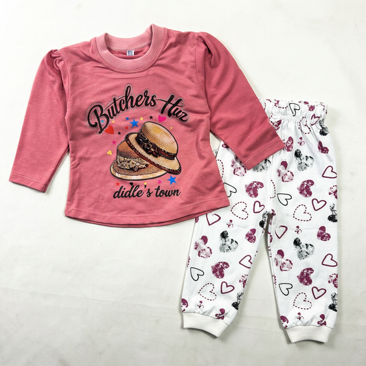 GS612 dusty rose girls' hat-print top with white heart-print joggers for ages 1–4