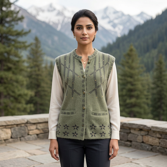 Adult Pakistani woman wearing the sage-green WSW93 sleeveless sweater buttoned over an ivory blouse on a mountain terrace.