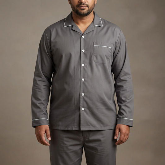 Close product view of MNS18 grey night suit on a Pakistani male model with a fuller build