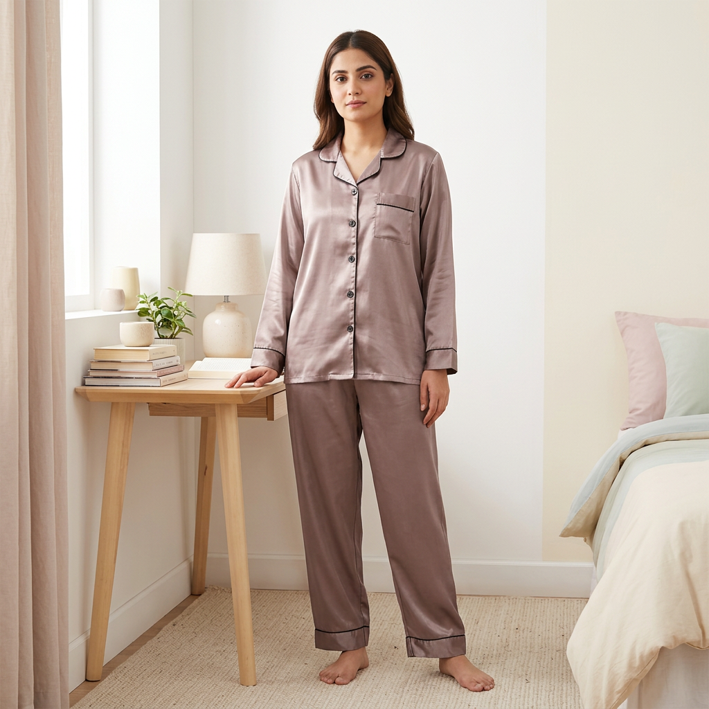 Adult woman wearing WNS72 rose-taupe Martini night suit with black piping and matching trousers