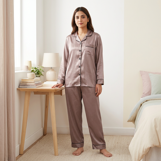 Adult woman wearing WNS72 rose-taupe Martini night suit with black piping and matching trousers