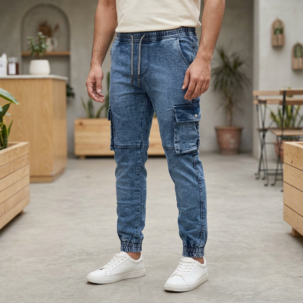 Adult man wearing MT232 washed-blue cargo jogger jeans with drawstring waist and elastic ankle cuffs