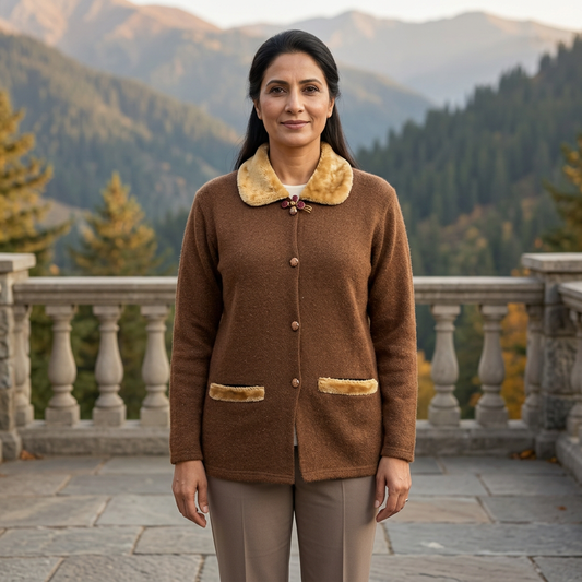 Adult Pakistani woman wearing the brown WSW77 full-sleeve sweater with golden collar and pocket trim on a mountain terrace.