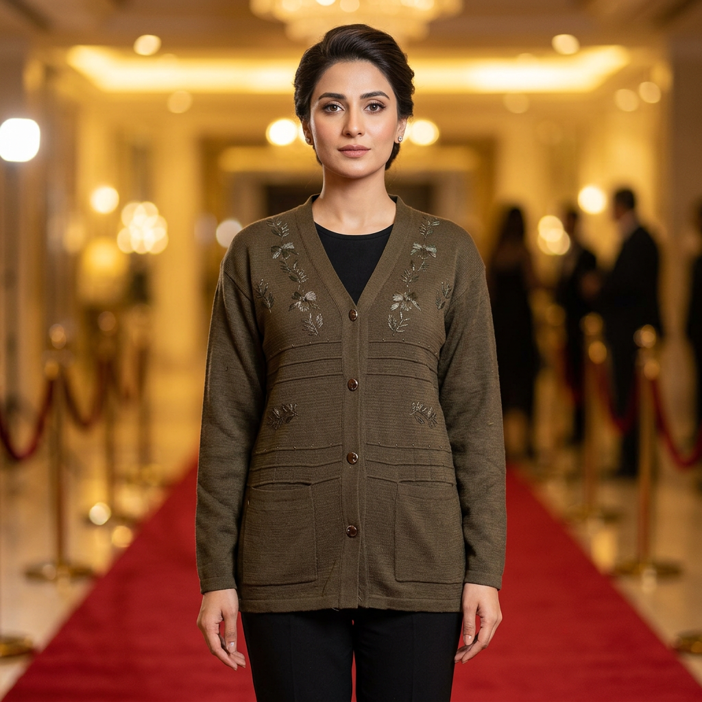Adult Pakistani woman wearing the olive-green WSW104 full-sleeve cardigan fully buttoned in an elegant awards-night setting.
